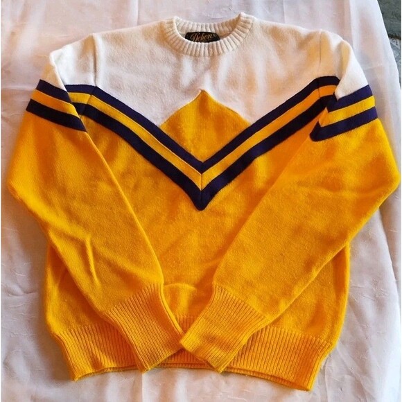 Dehen Sweaters - Dehen Knitting Co Vintage 1980s Cheerleading Sweater Gold Purple Size Large